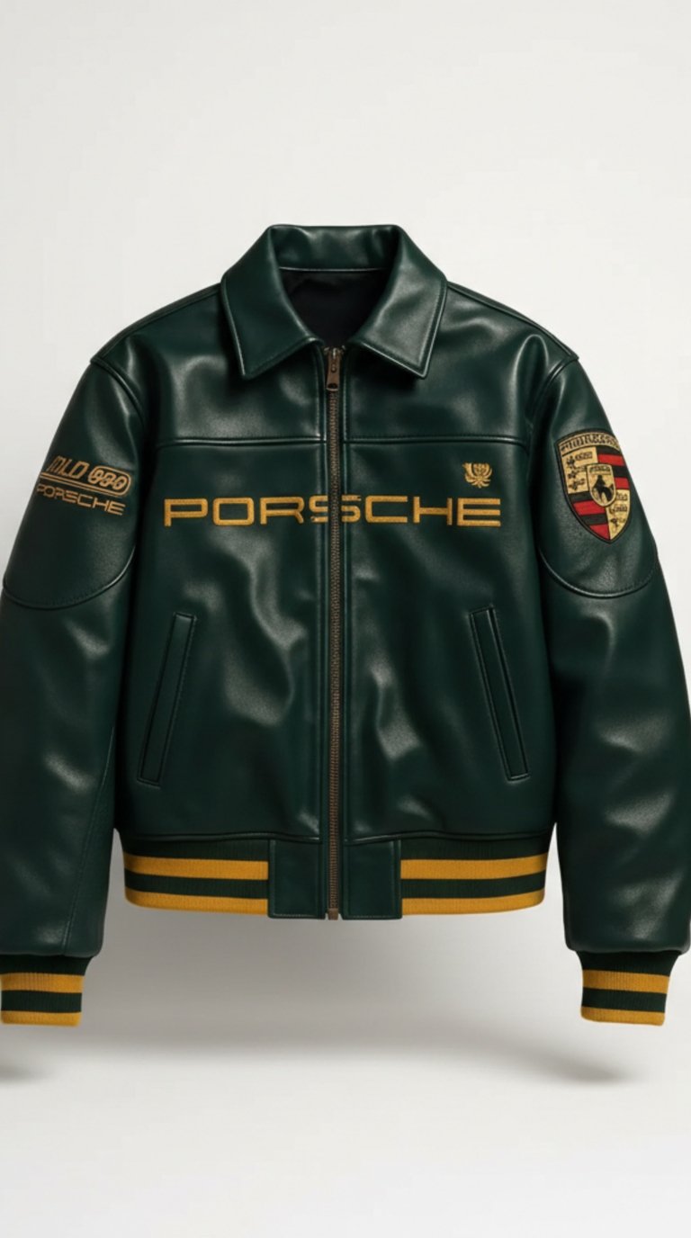 Men’s Dark Green Leather Racing Bomber Jacket – Varsity Style