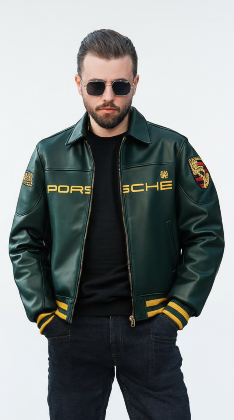 Men’s Dark Green Leather Racing Bomber Jacket – Varsity Style