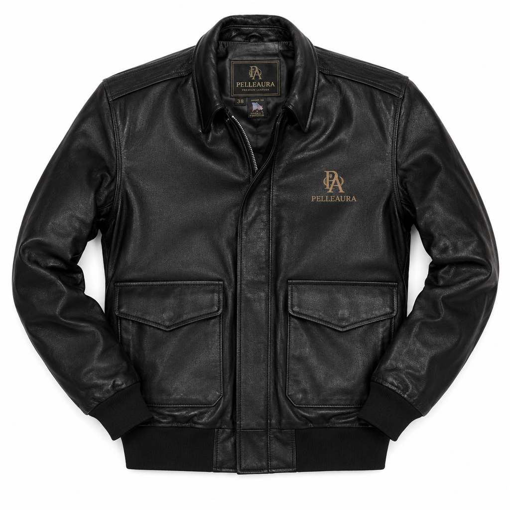 A black leather bomber jacket with a gold embroidered 'PA' logo and 'Pelleaura' text on the left chest, displayed flat against a white background.