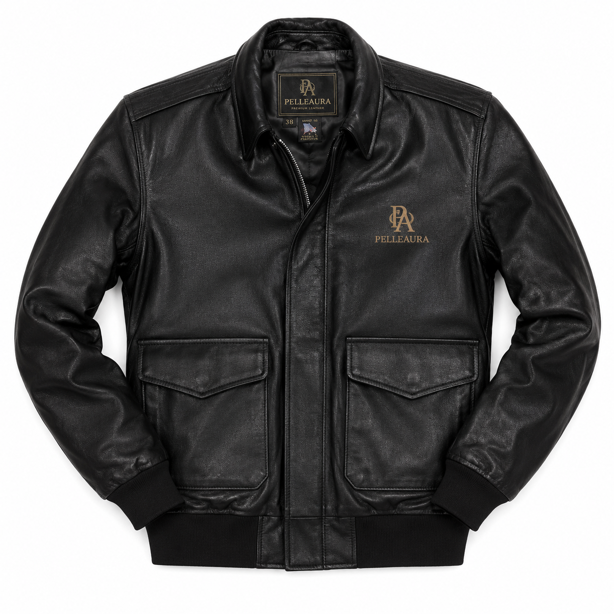 A black leather bomber jacket with a gold embroidered 'PA' logo and 'Pelleaura' text on the left chest, displayed flat against a white background.