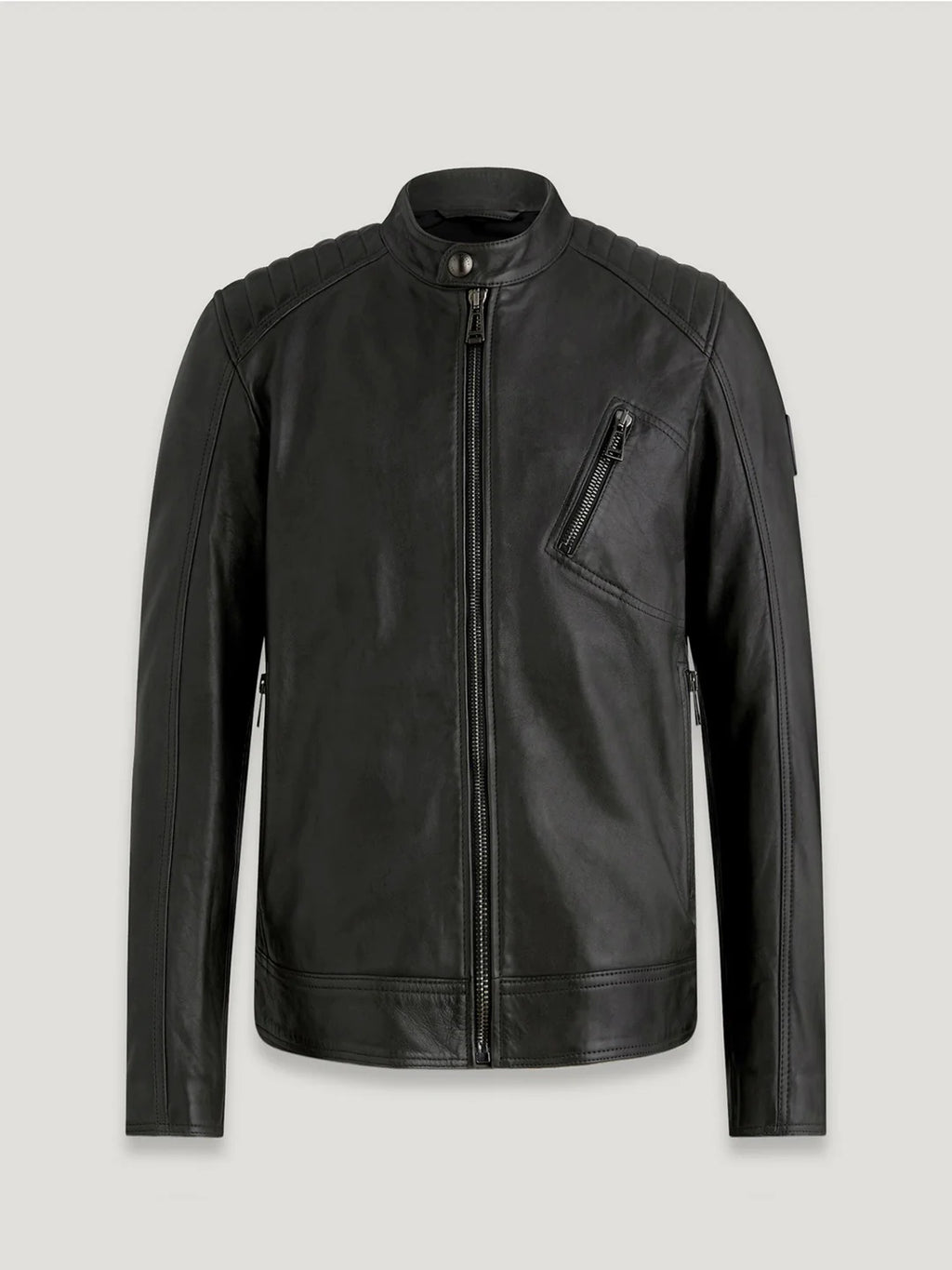 Black leather jacket on a light gray background