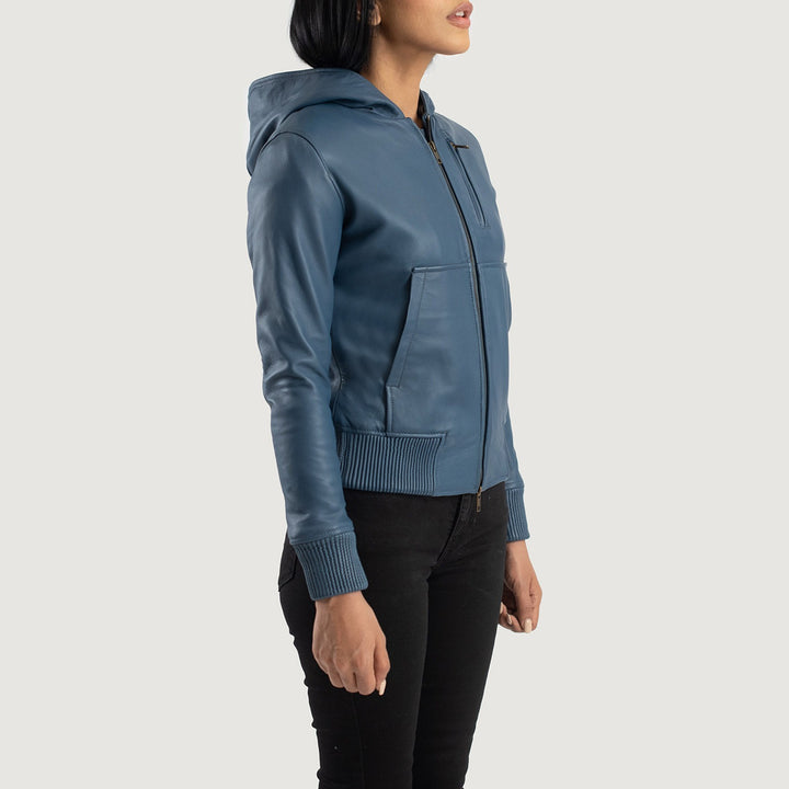 Luna Blue Hooded Leather Bomber Jacket image 3