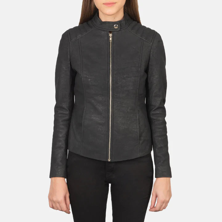 Kelsee Distressed Black Leather Biker Jacket image 0