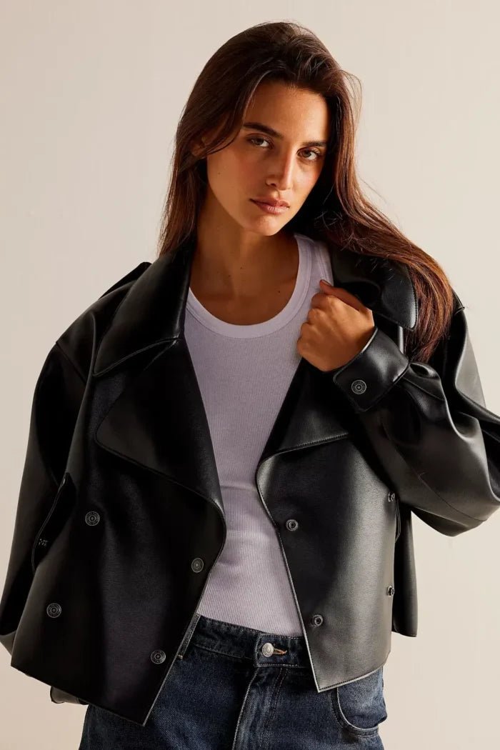 Alexis Vegan Leather Cropped Trench Coat - Pelleaura | Premium Quality Leather Stuff Brand USA