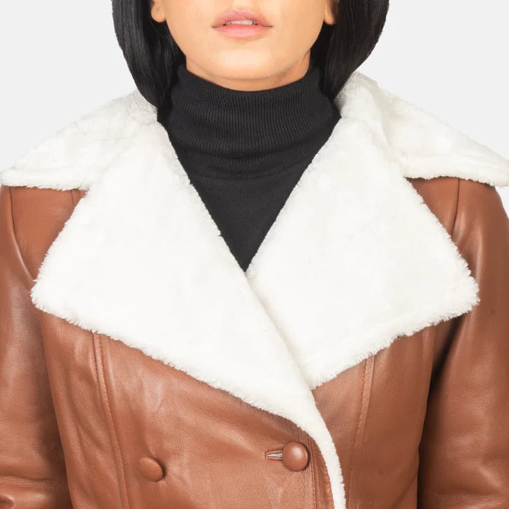 Amie Brown Double Breasted Shearling Coat - Pelleaura | Premium Quality Leather Stuff Brand USA
