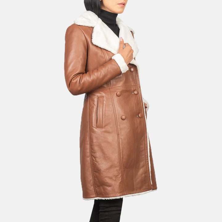 Amie Brown Double Breasted Shearling Coat - Pelleaura | Premium Quality Leather Stuff Brand USA