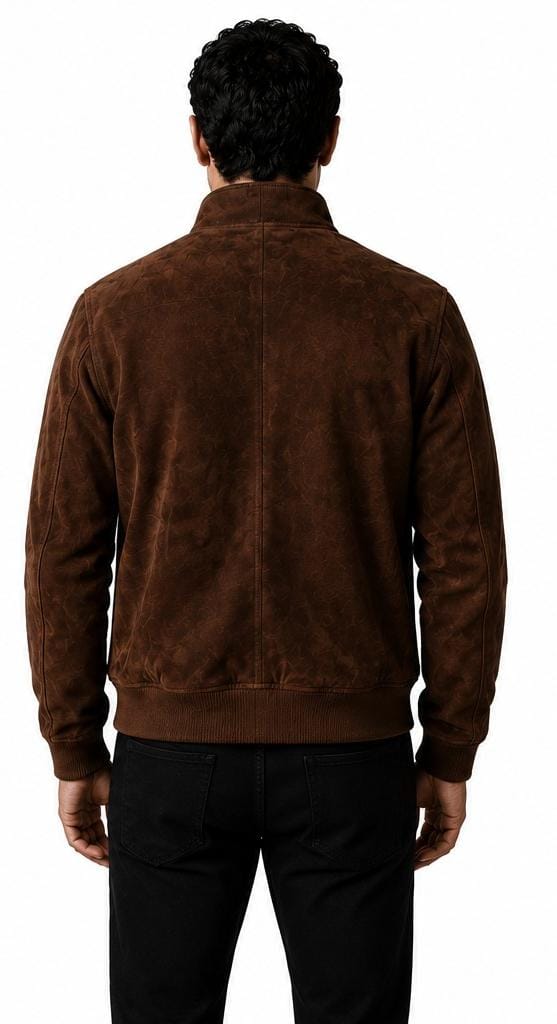 A man viewed from behind wearing a dark brown suede jacket and black pants against a plain white background.