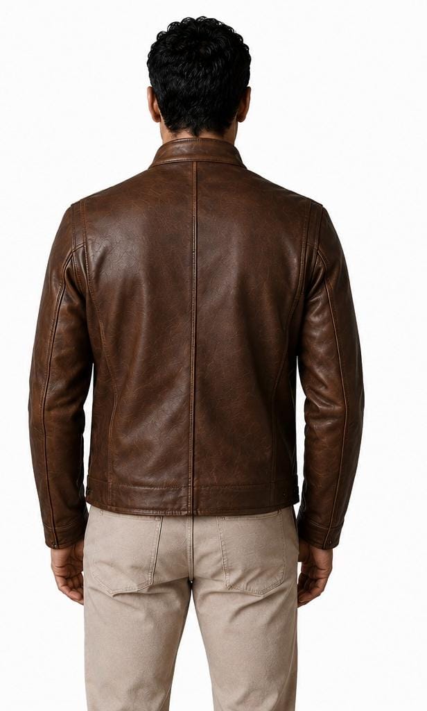A man viewed from the back wearing a brown leather jacket and beige pants against a plain white background.