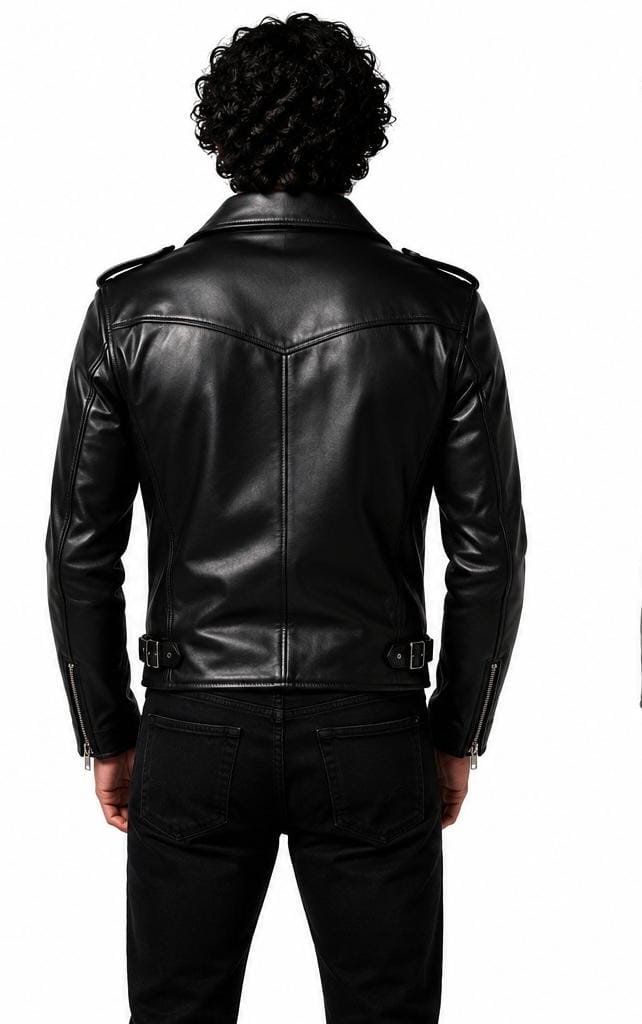 A man viewed from behind wearing a black leather moto jacket and black jeans against a plain white background.