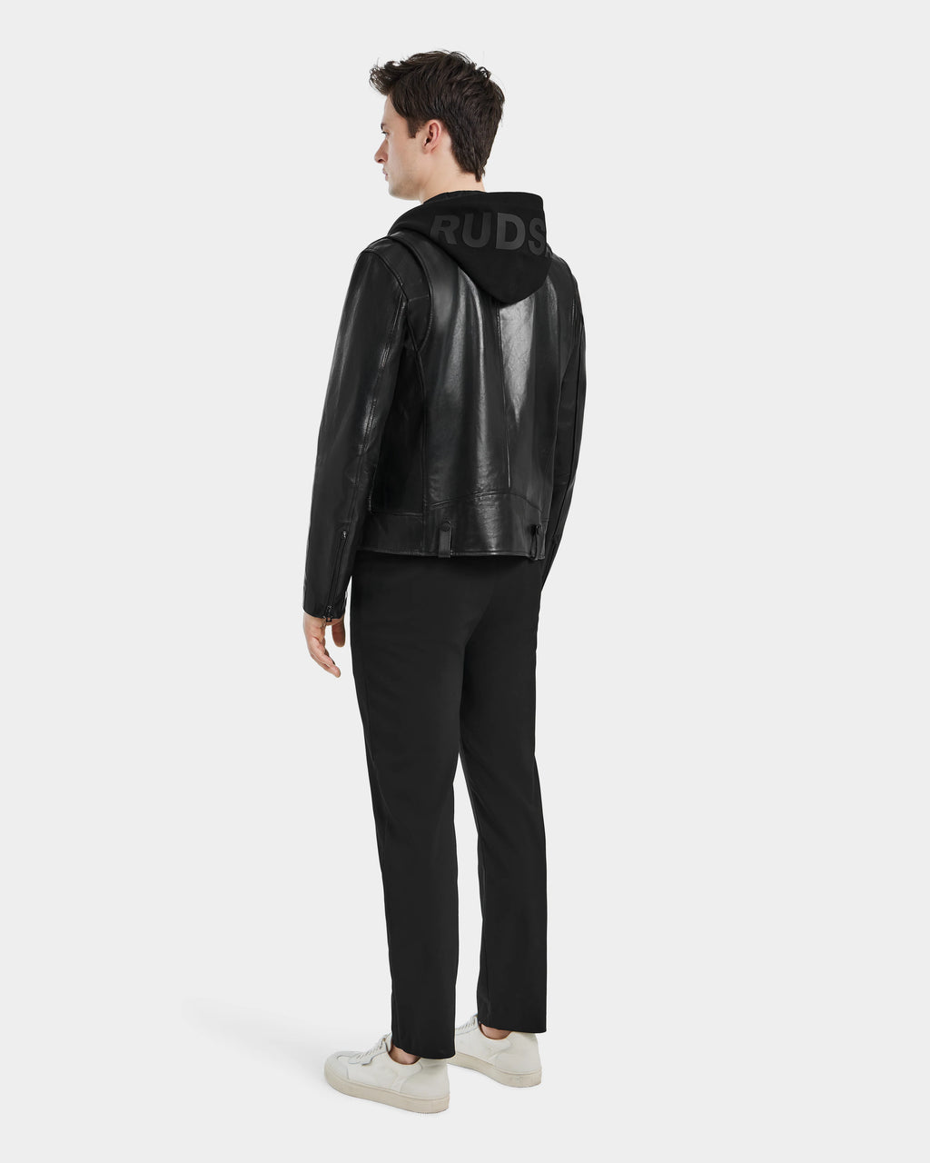 Back view of MANUS B Men's Leather Moto Jacket crafted from premium sheepskin leather