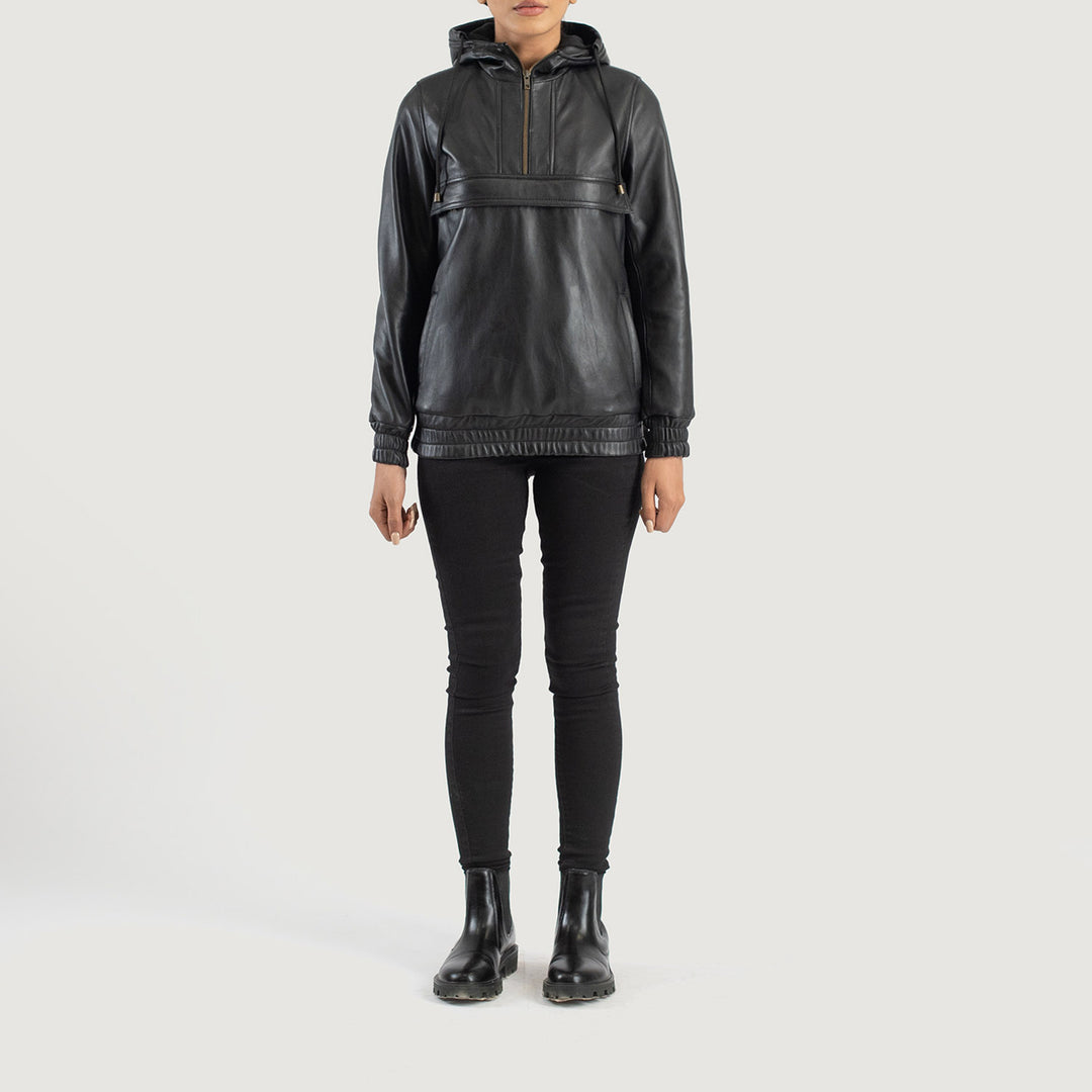 Zest Black Hooded Leather Pullover Jacket image 0