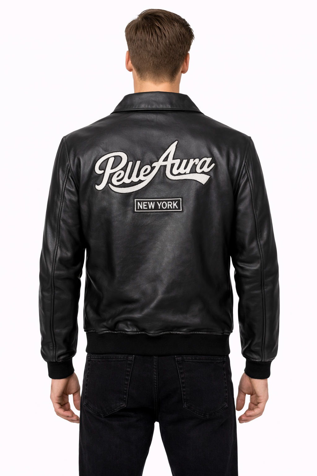 Pelleaura Black Leather Bomber Jacket with Heart & Star Patches – Premium Quilted Lining Streetwear Jacket Pelleaura | Premium Quality Leather Stuff Brand USA