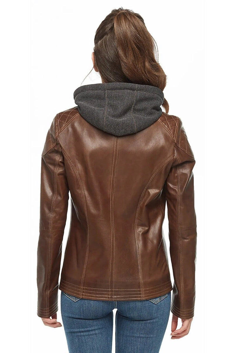 Brown Women’s Hooded Leather Jacket - Pelleaura | Premium Quality Leather Stuff Brand USA