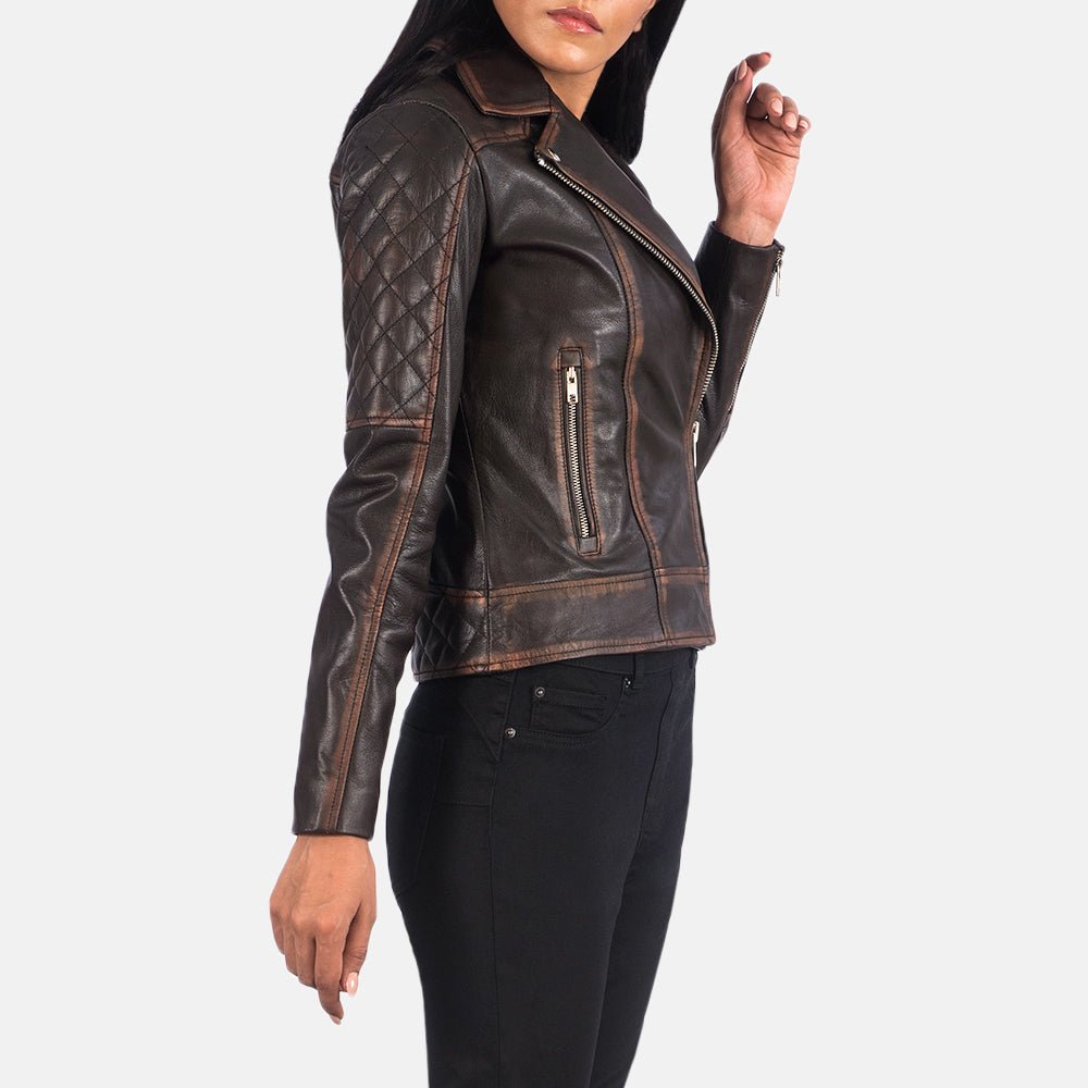 Carolyn Quilted Vintage Brown Biker Jacket - Pelleaura | Premium Quality Leather Stuff Brand USA