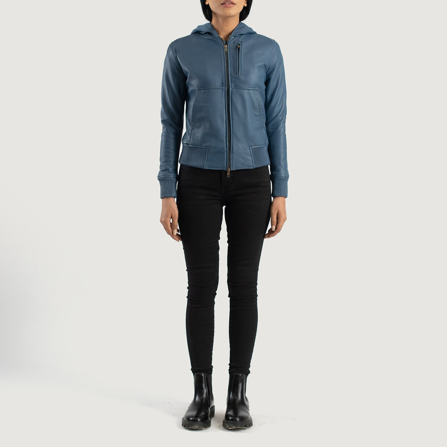 Luna Blue Hooded Leather Bomber Jacket image 0