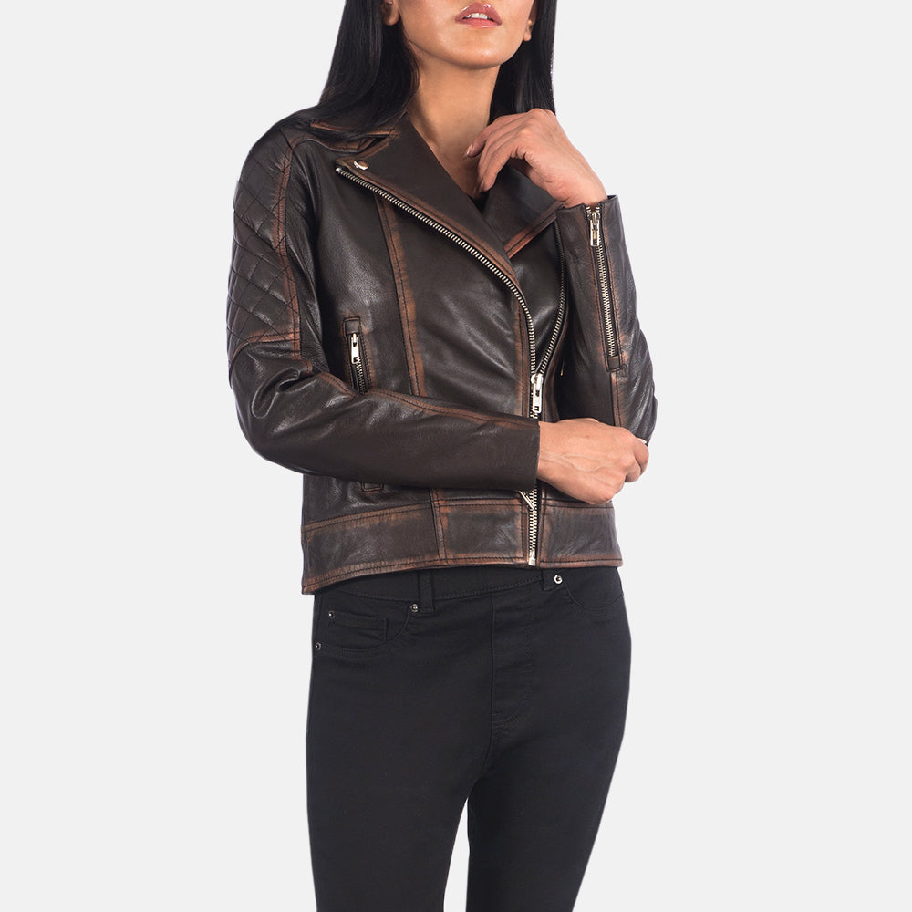 Carolyn Quilted Vintage Brown Biker Jacket image 3