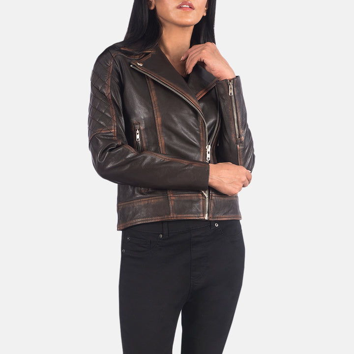 Carolyn Quilted Vintage Brown Biker Jacket image 3