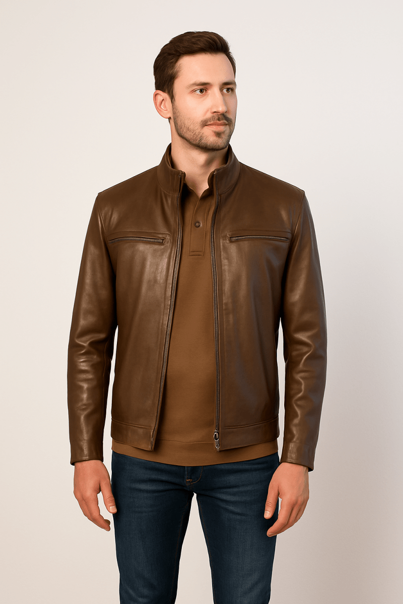 Driggs Leather Mens Jacket Brown + free Crocodile card wallet - Pelleaura | Premium Quality Leather Stuff Brand USA