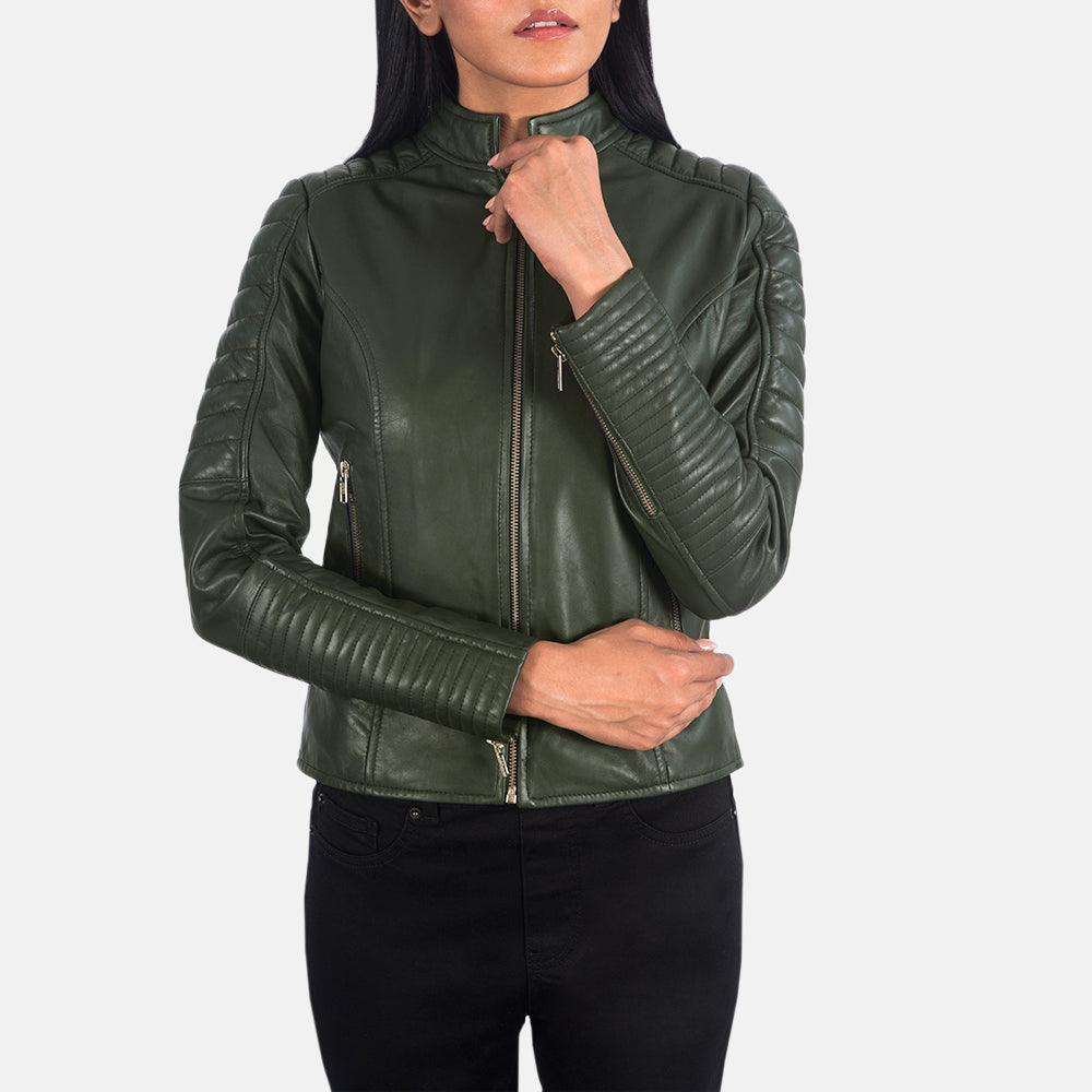 Adalyn Quilted Green Leather Biker Jacket image 3