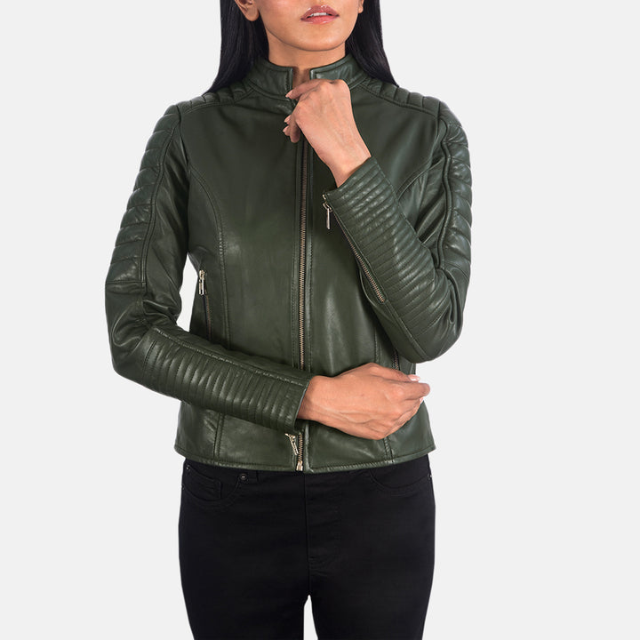 Adalyn Quilted Green Leather Biker Jacket image 3