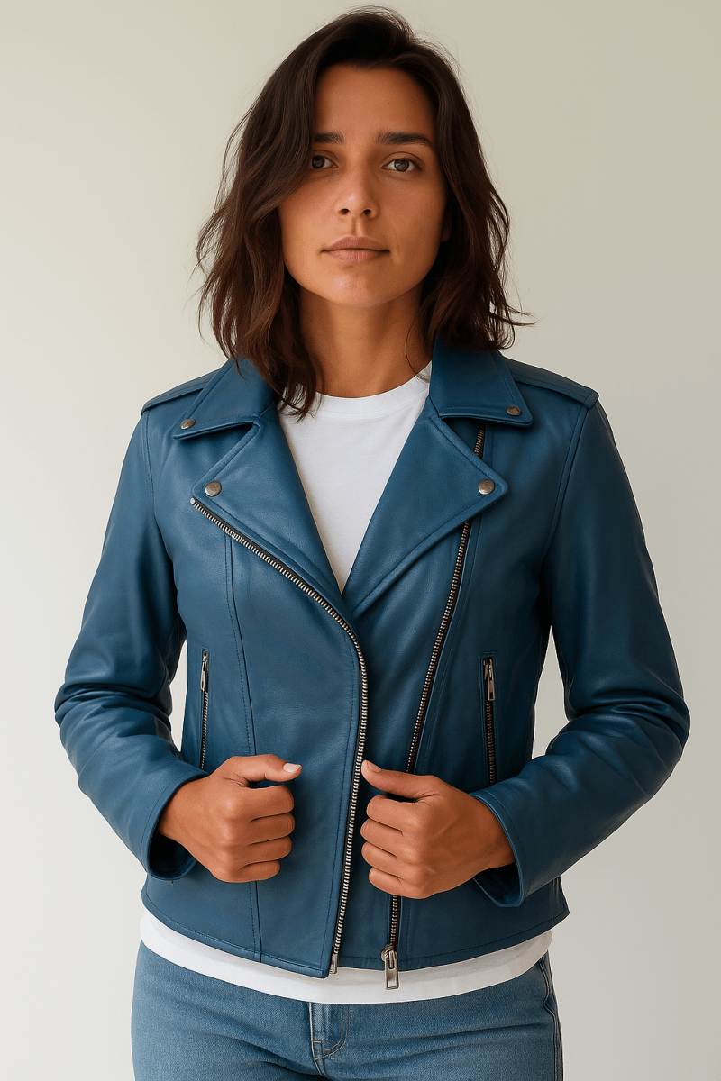 Flashback Blue Leather Biker Jacket - Pelleaura | Premium Quality Leather Stuff Brand USA