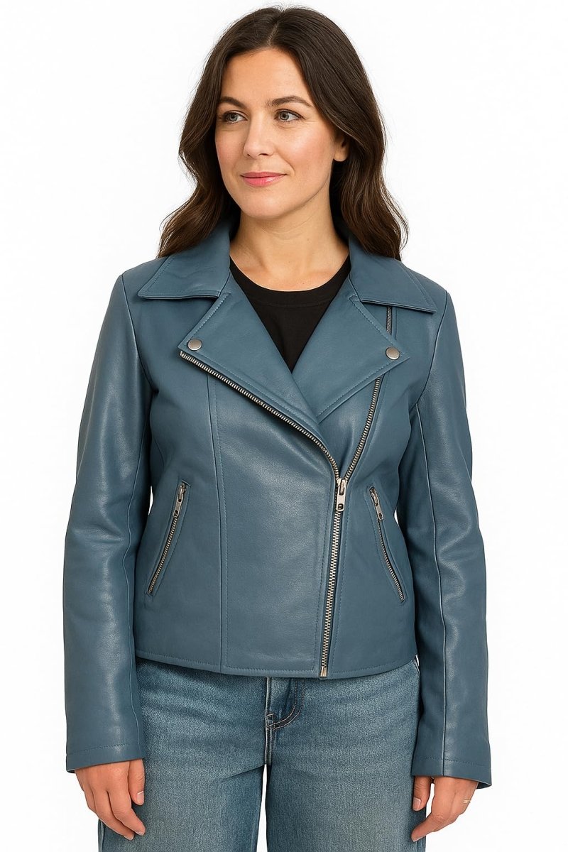 Flashback Blue Leather Biker Jacket - Pelleaura | Premium Quality Leather Stuff Brand USA