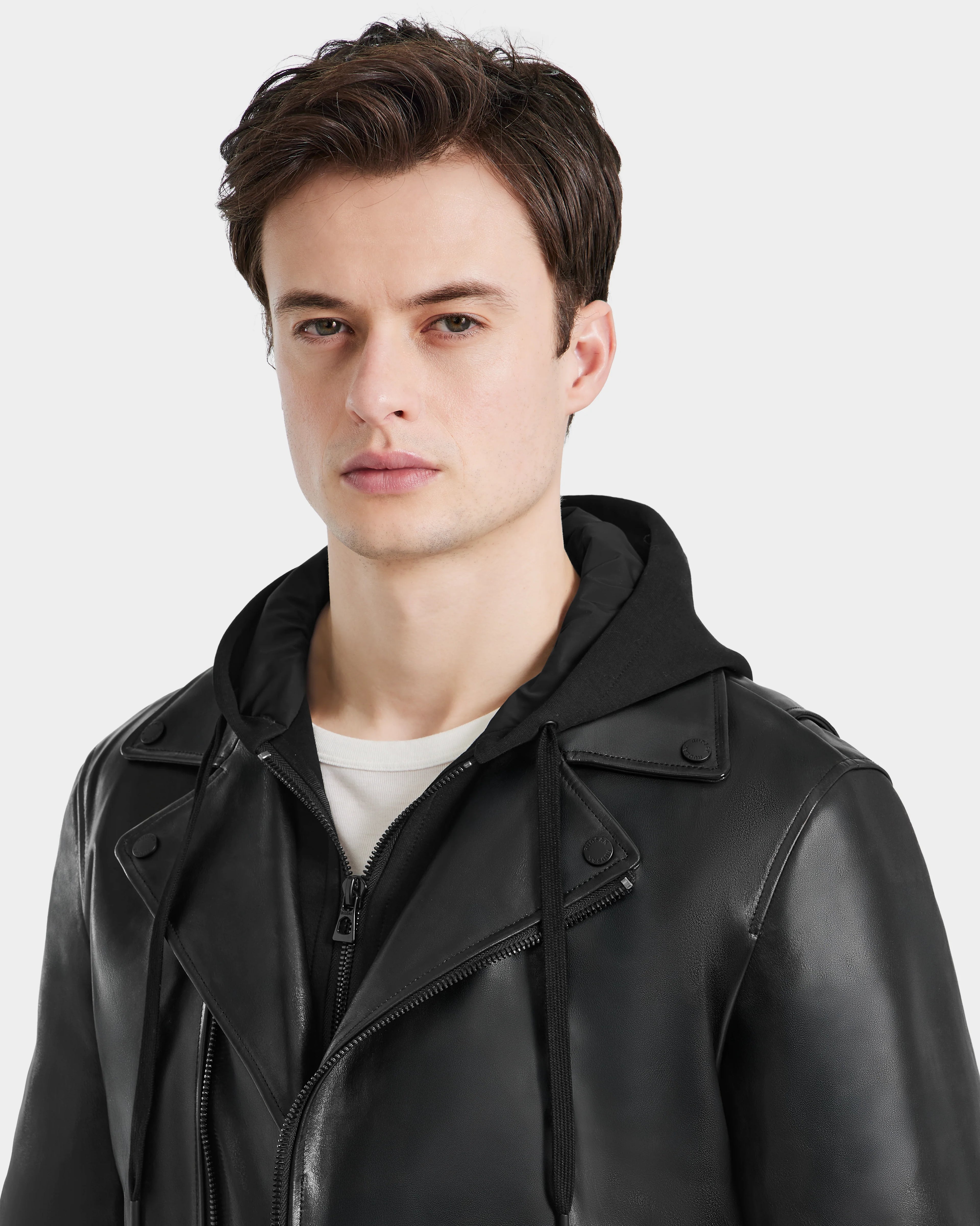 Man wearing a black leather jacket on a white background