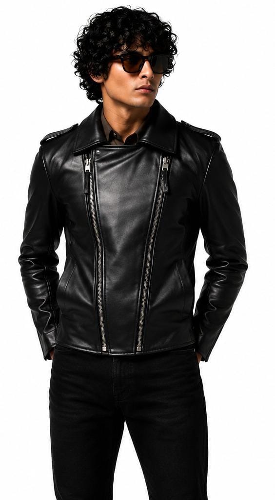 A man wearing a black leather moto jacket with silver zippers, black pants, and sunglasses, photographed against a plain white background.