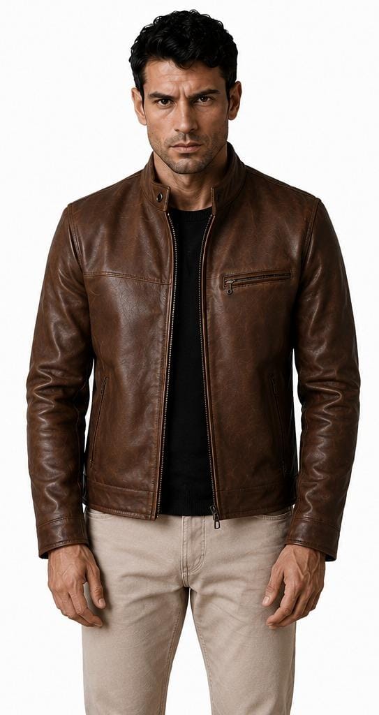 A man wearing a brown leather jacket over a black t-shirt and beige pants, standing against a plain white background.