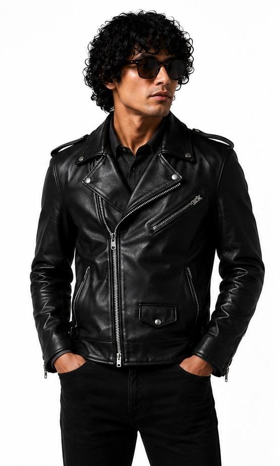 A man wearing a black leather biker jacket, black pants, and sunglasses, standing against a plain white background with his hands in his pockets.