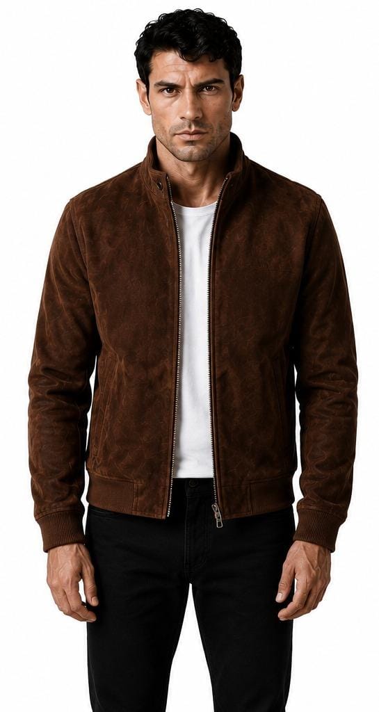 A man wearing a brown suede zip-up jacket over a white t-shirt and black pants, photographed against a plain white background.