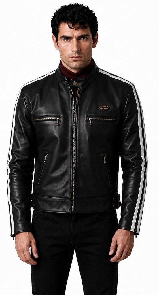 A man wearing a black leather motorcycle jacket with white stripes on the sleeves, photographed against a plain white background.