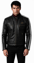 A man wearing a black leather motorcycle jacket with white stripes on the sleeves, photographed against a plain white background.