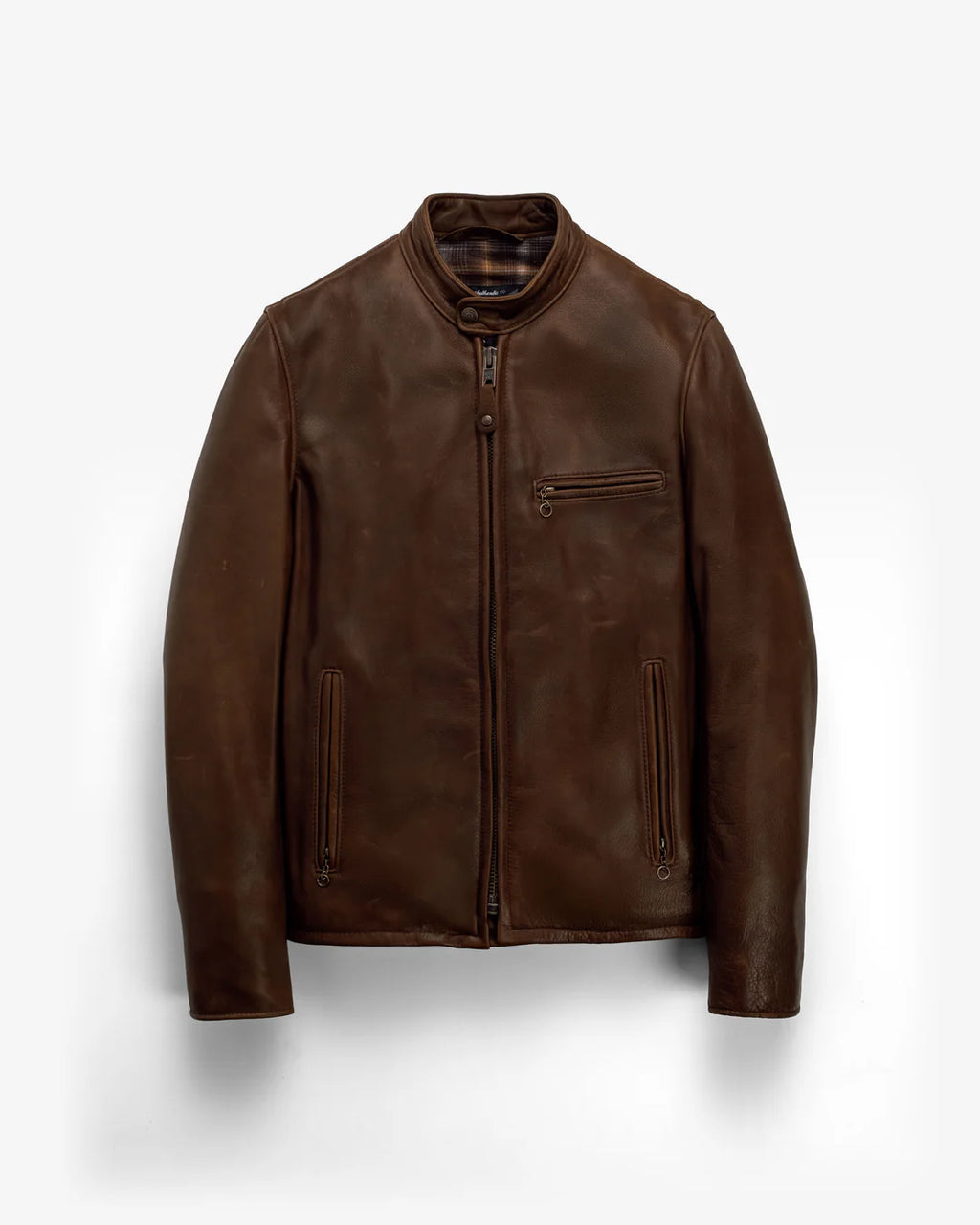 A dark brown leather jacket with a stand-up collar, front zipper, zippered chest pocket, and zippered side pockets, displayed against a light gray background.