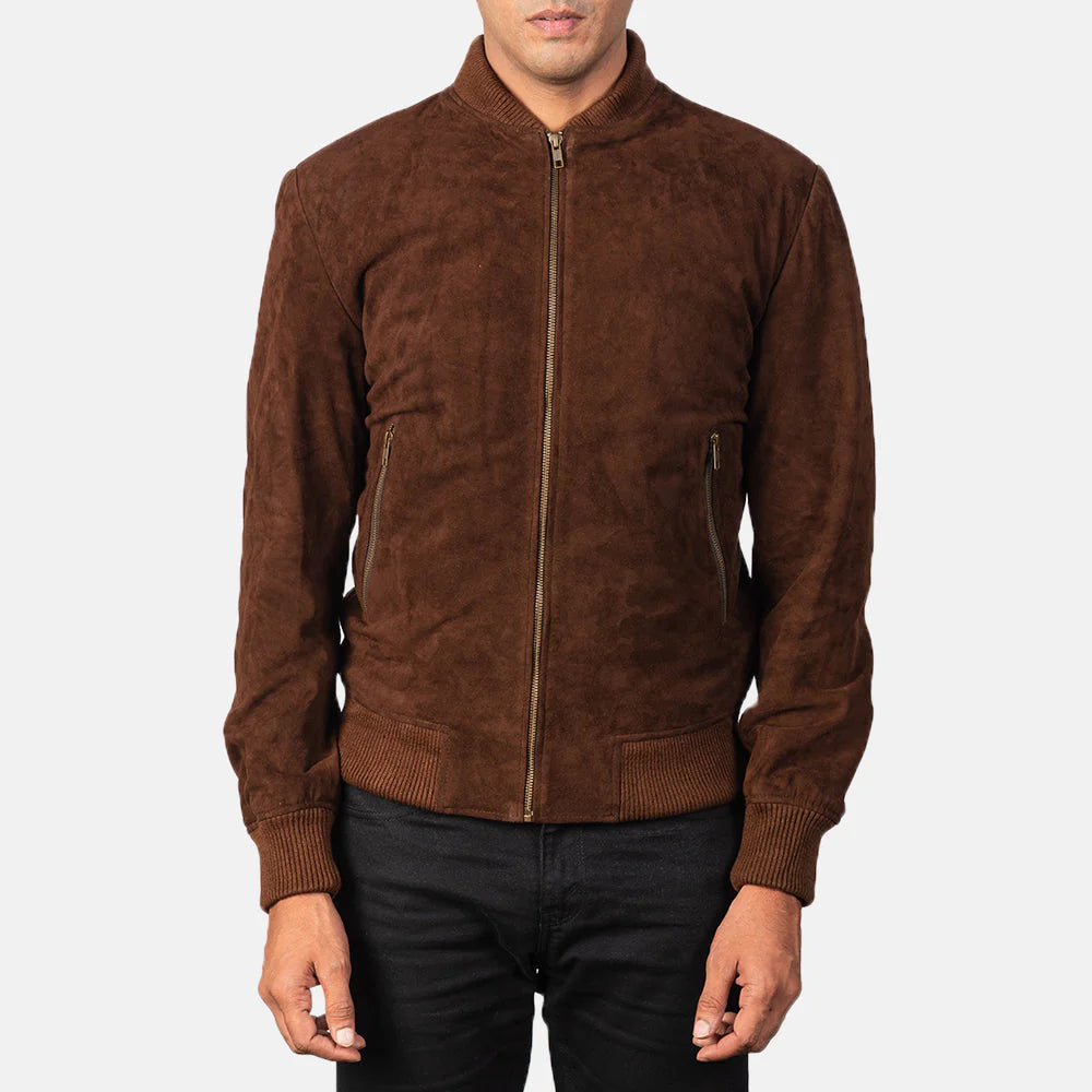 Brown suede jacket worn by a person on a white background
