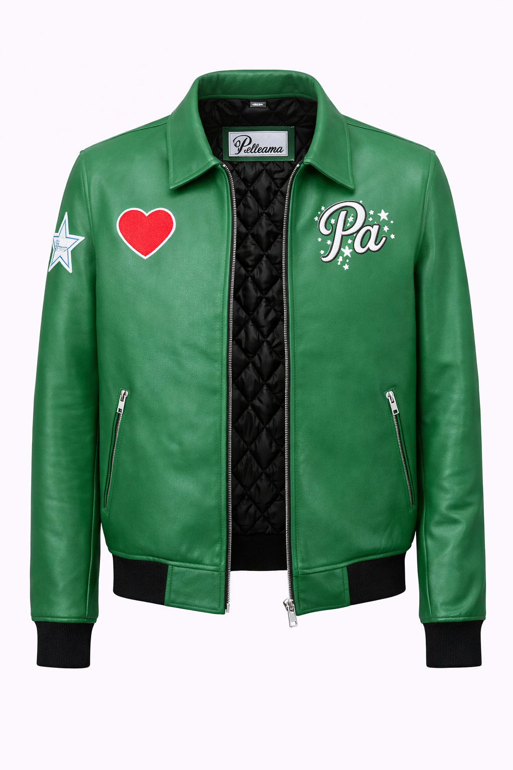 Pelleaura Green Leather Bomber Jacket with Heart & Star Patches – Premium Quilted Lining Streetwear Jacket Pelleaura | Premium Quality Leather Stuff Brand USA
