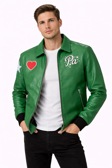 Pelleaura Green Leather Bomber Jacket with Heart & Star Patches – Premium Quilted Lining Streetwear Jacket