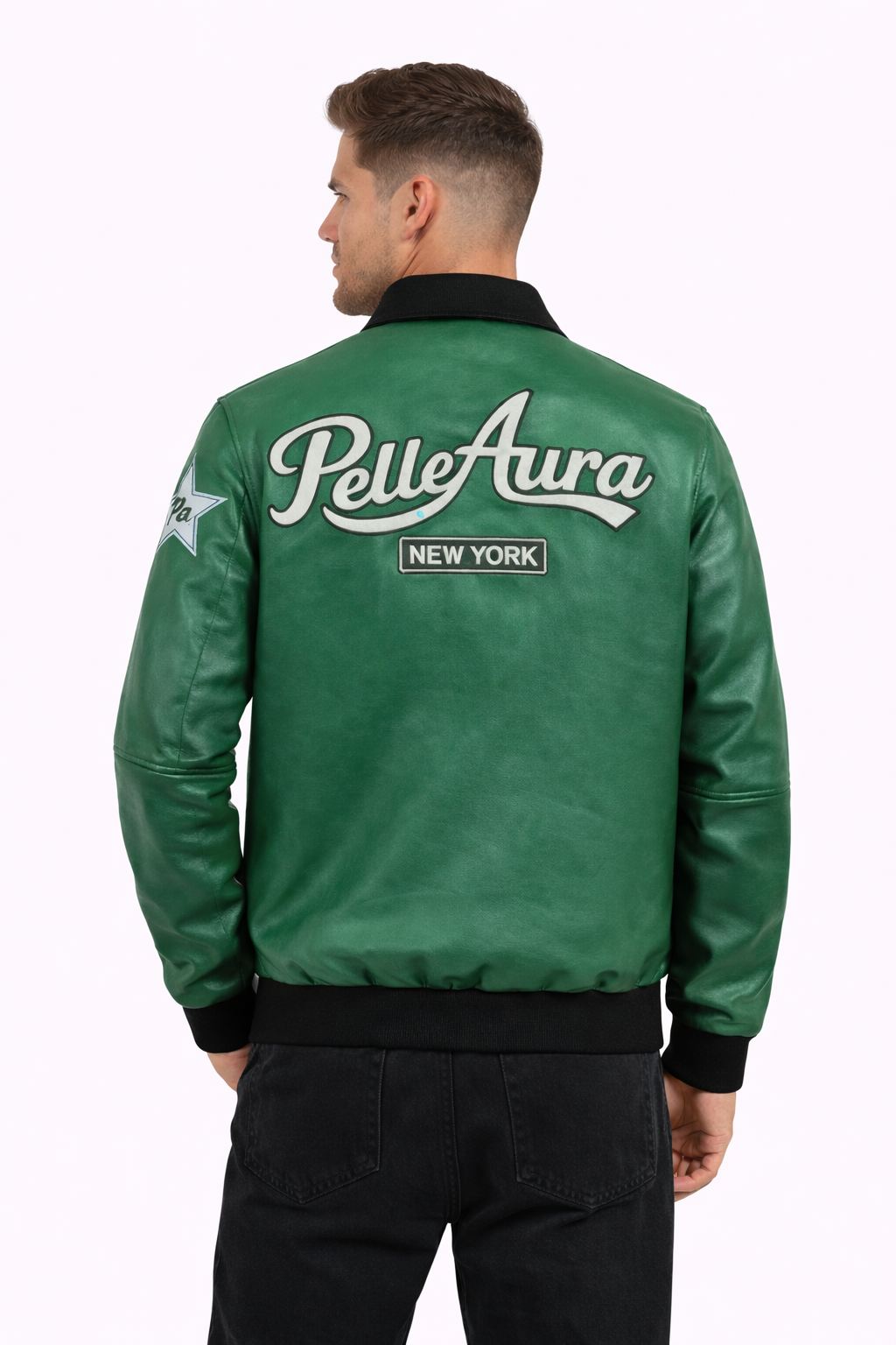 Pelleaura Green Leather Bomber Jacket with Heart & Star Patches – Premium Quilted Lining Streetwear Jacket Pelleaura | Premium Quality Leather Stuff Brand USA