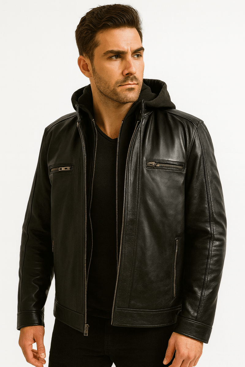 Hector Black Hooded Leather Biker Jacket - Pelleaura | Premium Quality Leather Stuff Brand USA