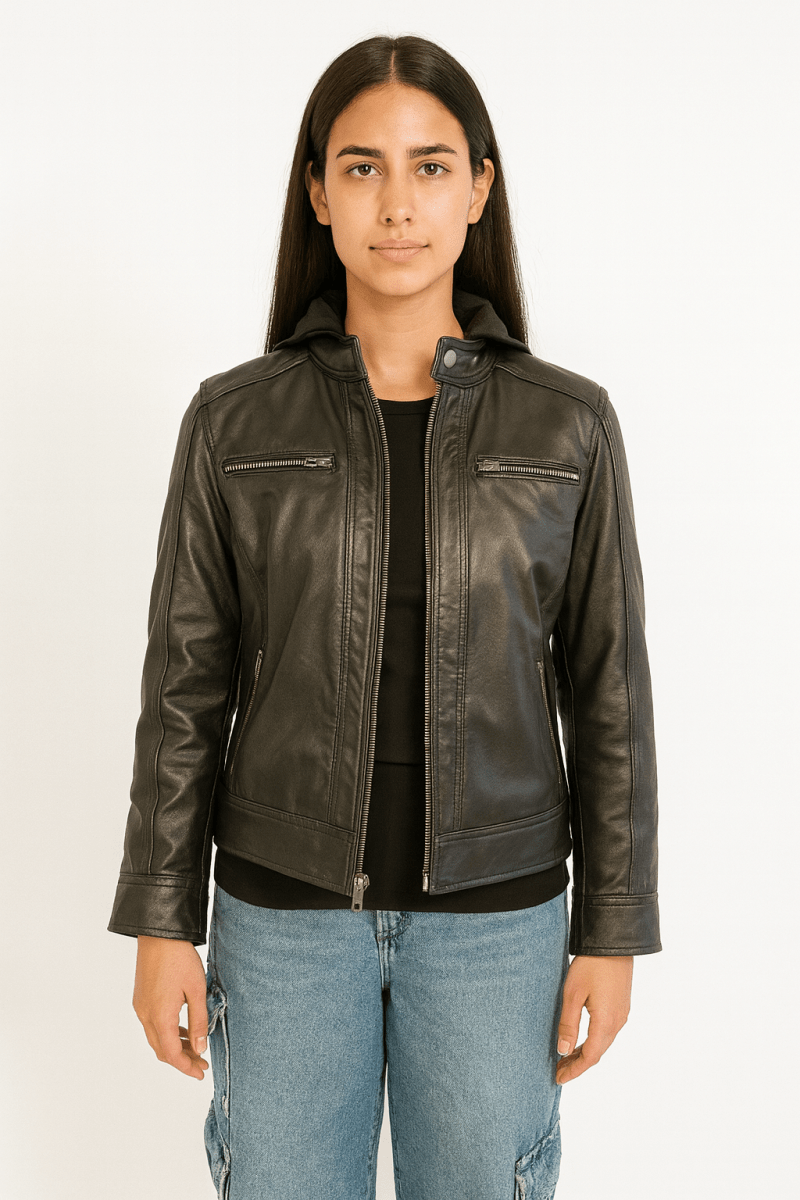 Hector Black Hooded Leather Biker Jacket for Women - Pelleaura | Premium Quality Leather Stuff Brand USA