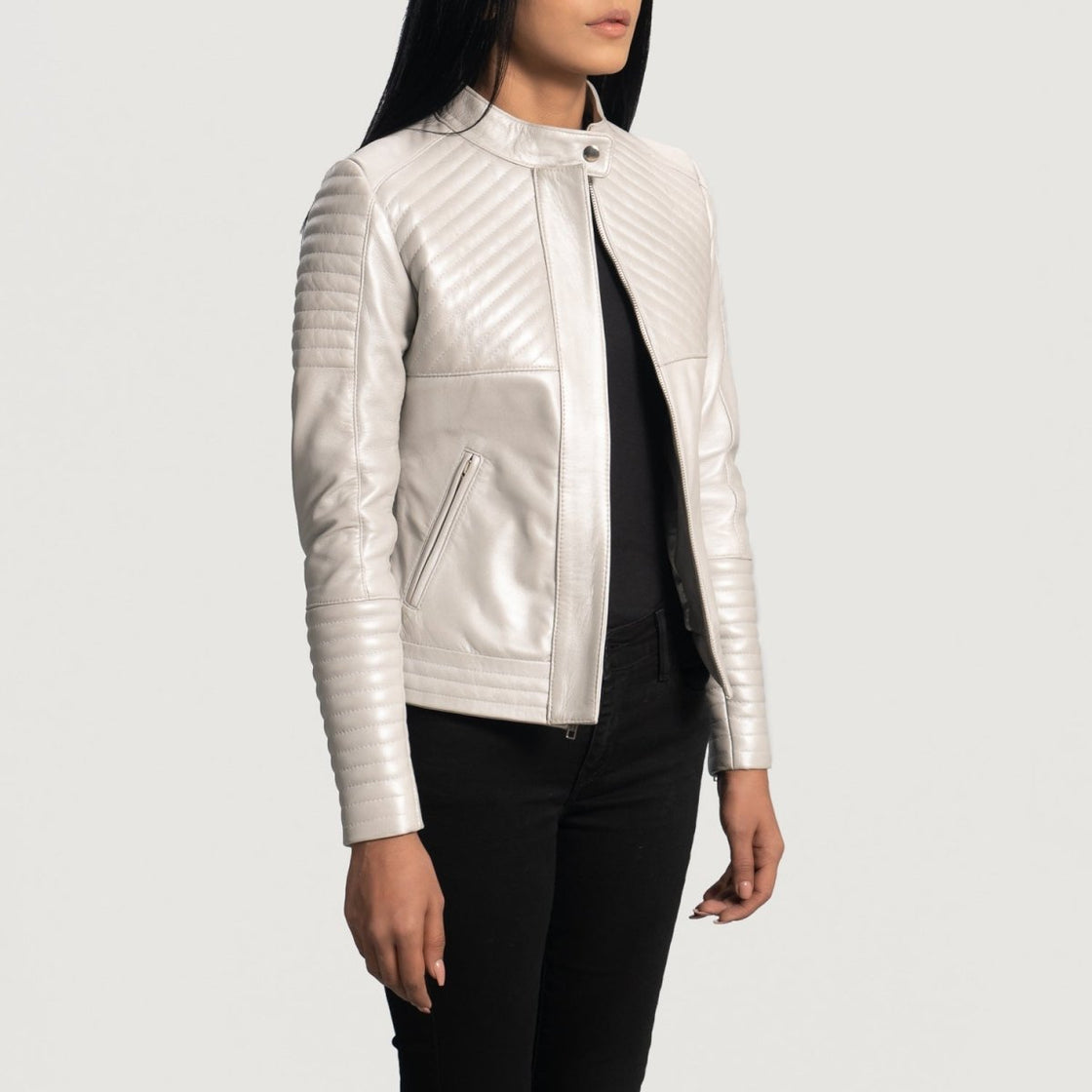 Ice Maiden Silver Quilted Leather Biker Jacket - Pelleaura | Premium Quality Leather Stuff Brand USA