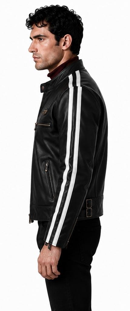 A man shown in profile wearing a black leather jacket with two bold white stripes running down the sleeves, paired with black pants, against a plain white background.
