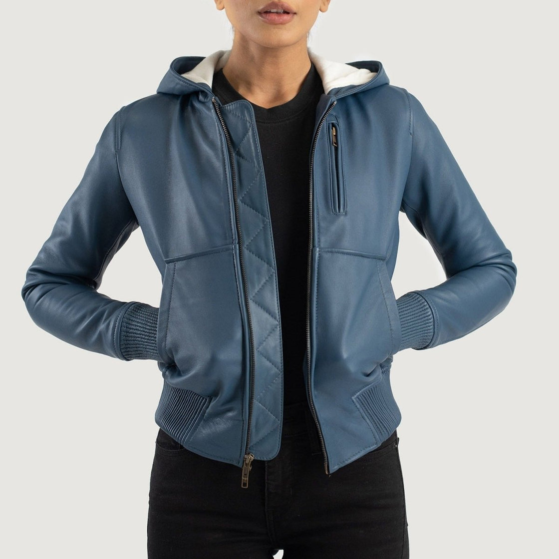 Luna Blue Hooded Leather Bomber Jacket - Pelleaura | Premium Quality Leather Stuff Brand USA