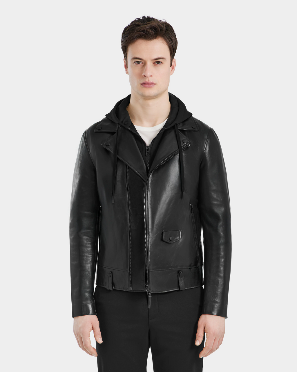 Male model wearing MANUS B Men's Leather Moto Jacket by Pelleaura front view