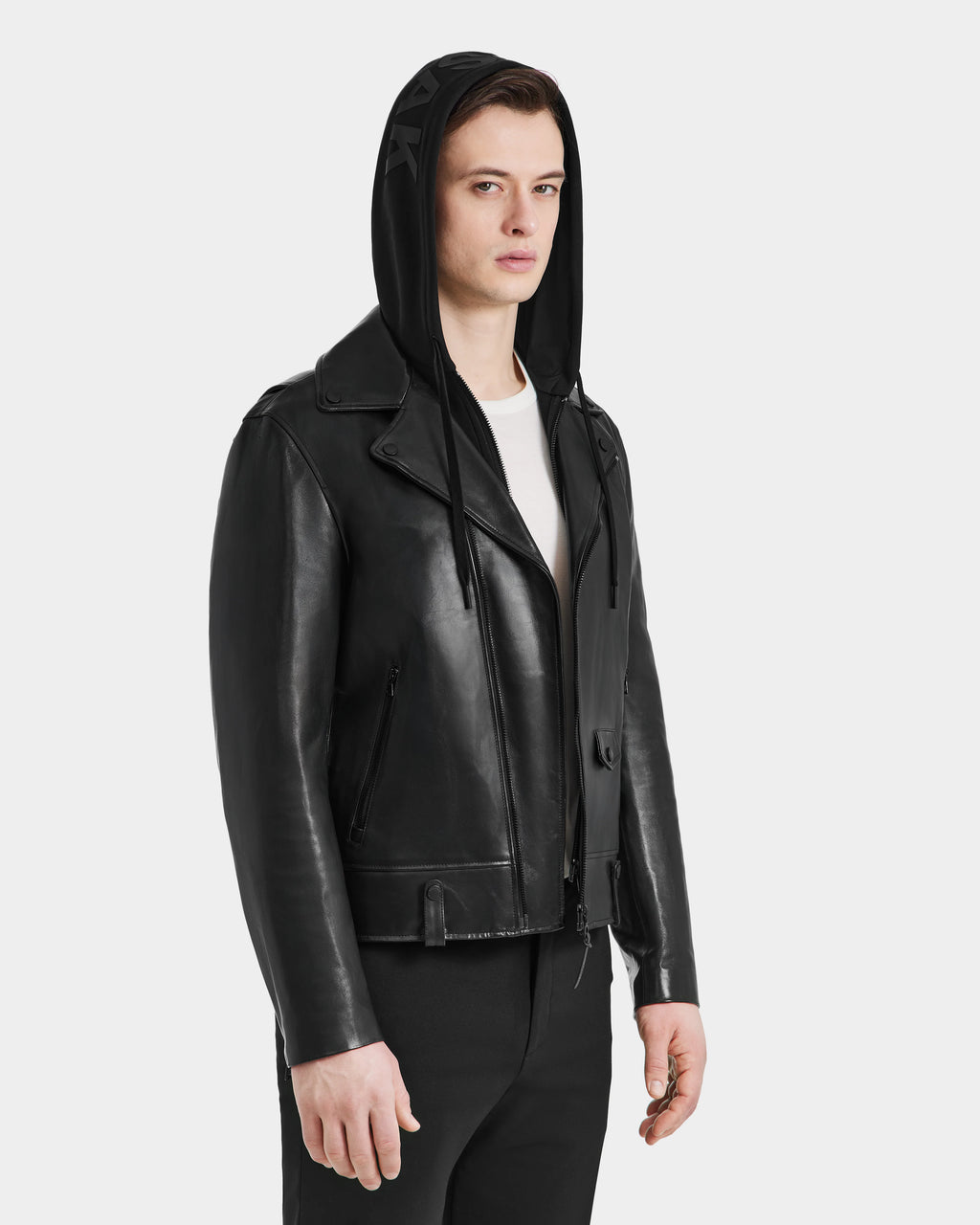 Male model wearing MANUS B Men's Leather Moto Jacket by Pelleaura front view