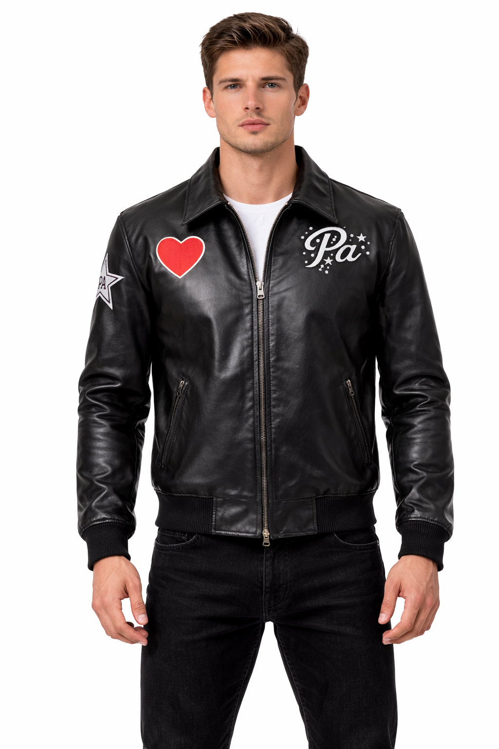 Pelleaura Green Leather Bomber Jacket with Heart & Star Patches – Premium Quilted Lining Streetwear Jacket