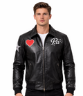 Pelleaura Black Leather Bomber Jacket with Heart & Star Patches – Premium Quilted Lining Streetwear Jacket Pelleaura | Premium Quality Leather Stuff Brand USA