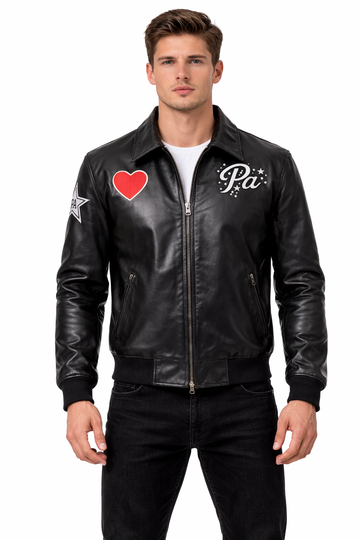 Pelleaura Black Leather Bomber Jacket with Heart & Star Patches – Premium Quilted Lining Streetwear Jacket