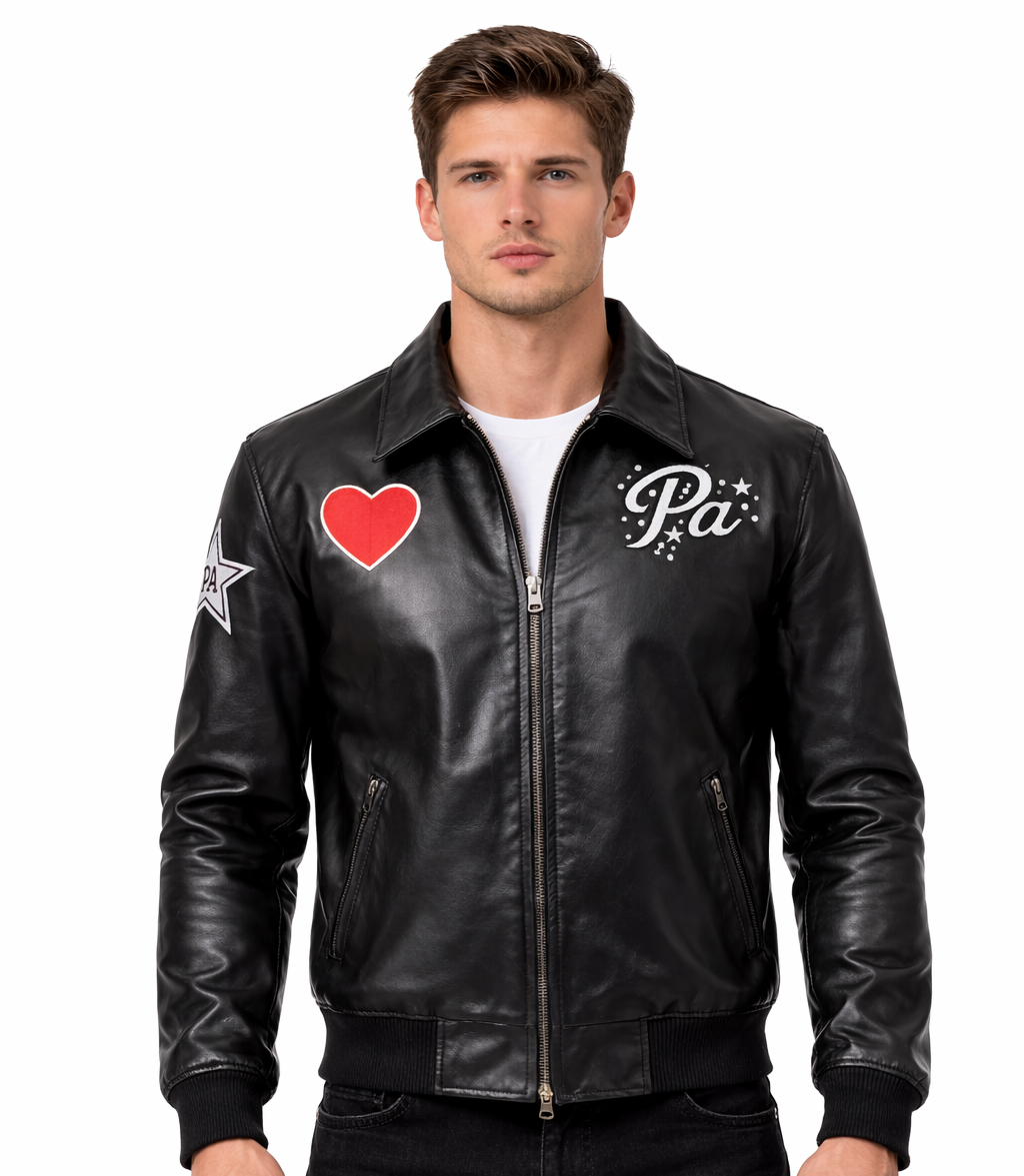 Pelleaura Black Leather Bomber Jacket with Heart & Star Patches – Premium Quilted Lining Streetwear Jacket Pelleaura | Premium Quality Leather Stuff Brand USA