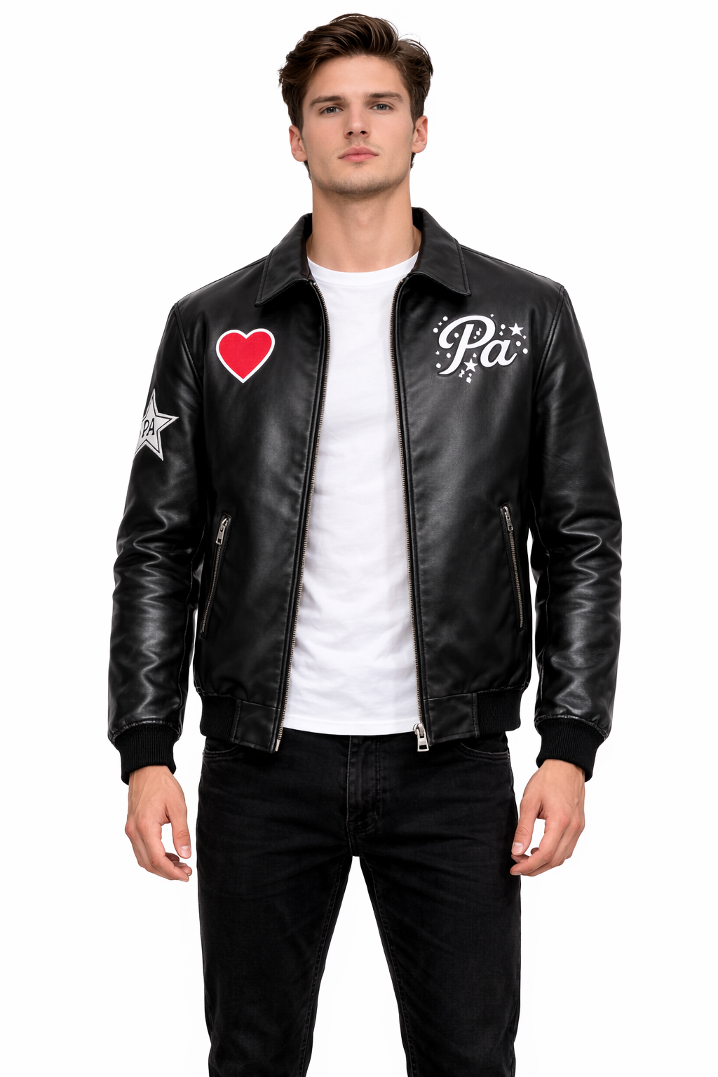 Pelleaura Black Leather Bomber Jacket with Heart & Star Patches – Premium Quilted Lining Streetwear Jacket Pelleaura | Premium Quality Leather Stuff Brand USA